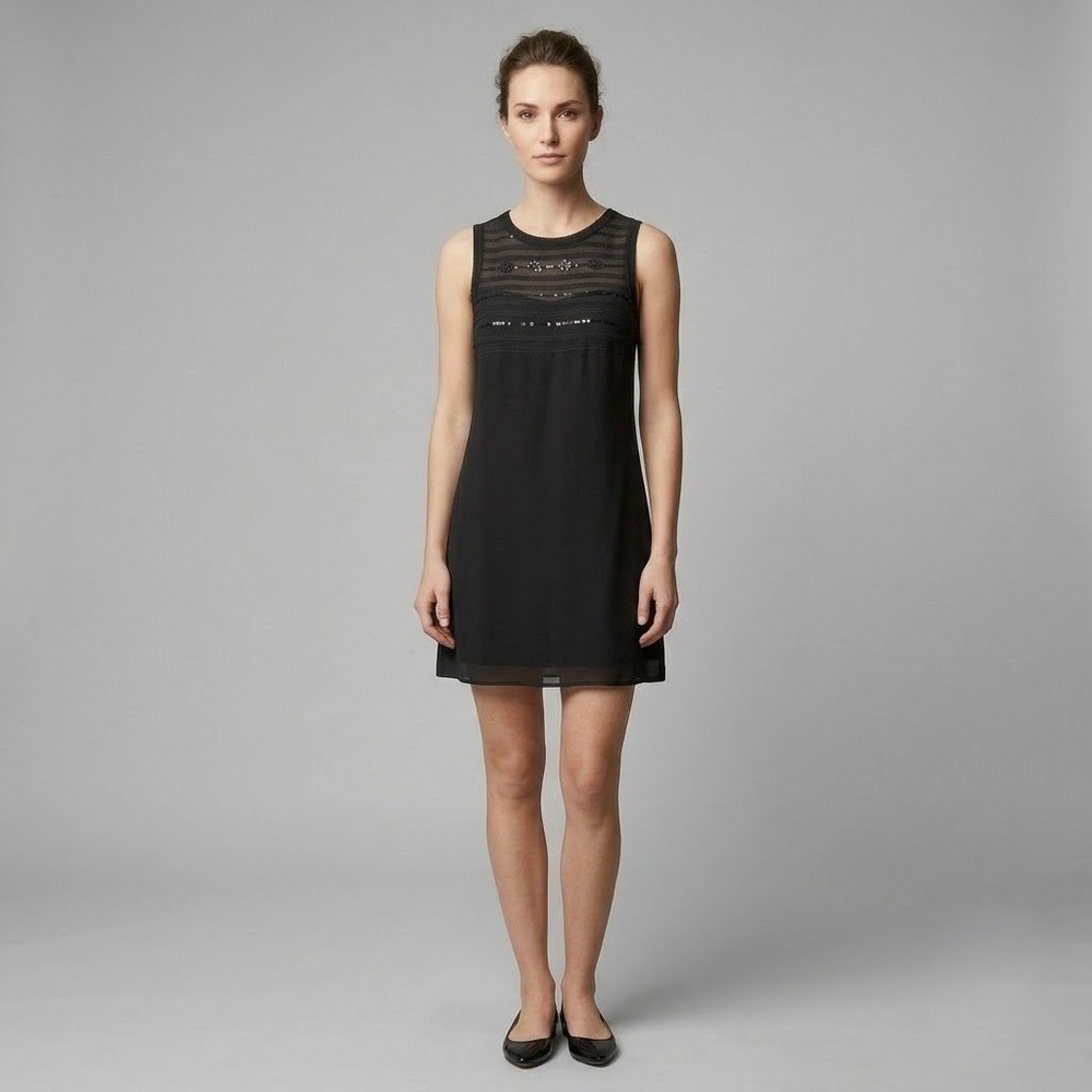 Banana Republic Chiffon Shift Dress Womens 6 Black Sequin Lace Mesh Party Event